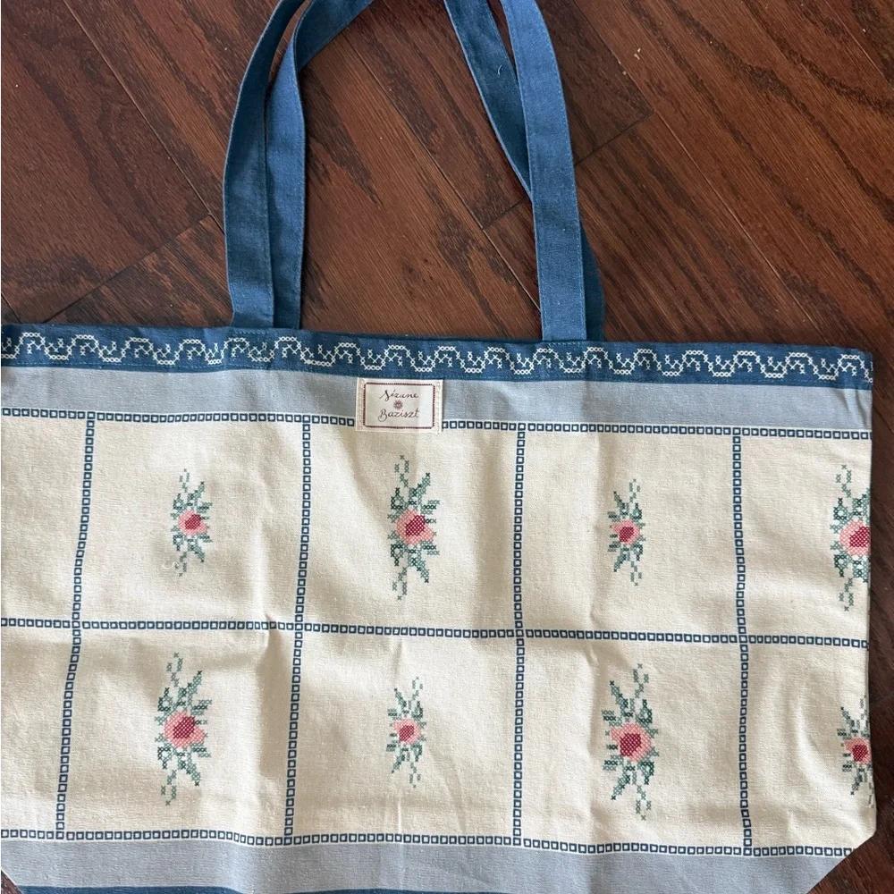 Vintage Floral Canvas Tote Bag in Cream and Blue Sezane Baziszt - Picture 3 of 5